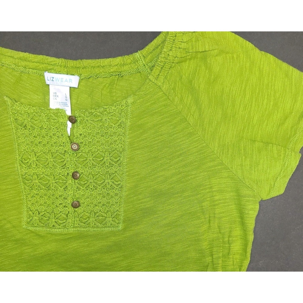 Lizwear Top Large Green Cotton Crochet Boho Peasant Blouse Short Sleeve